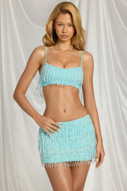 Oh Polly Skirts Nessa mini jupe bleu aqua à franges perlées