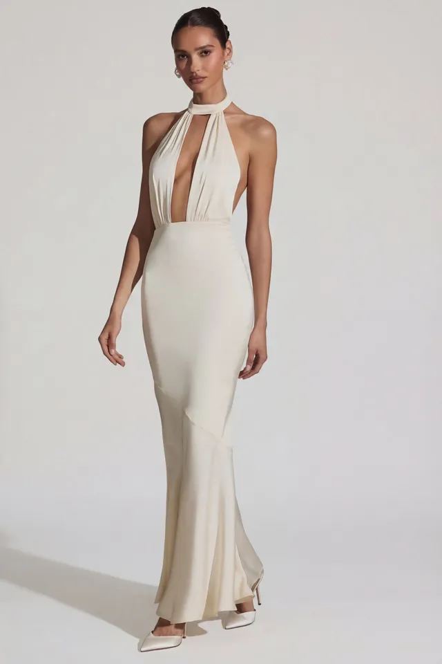 Oh Polly Desiree robe longue ivoire dos nu satin