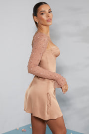 Oh Polly Embellished Geneva 6717 robe mini beige satin strass