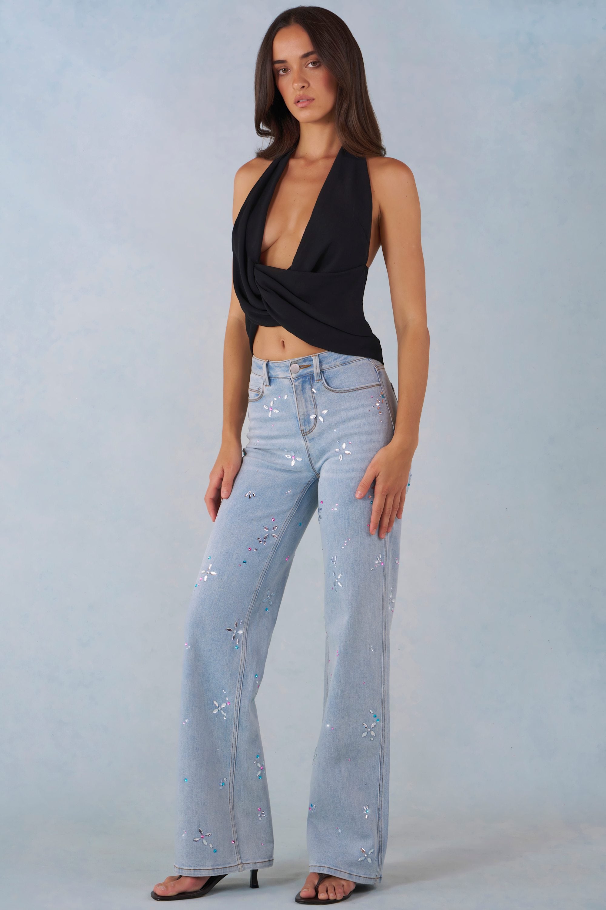 Oh Polly Mid-Rise Straight Jean Droit Denim Clair Fleurs