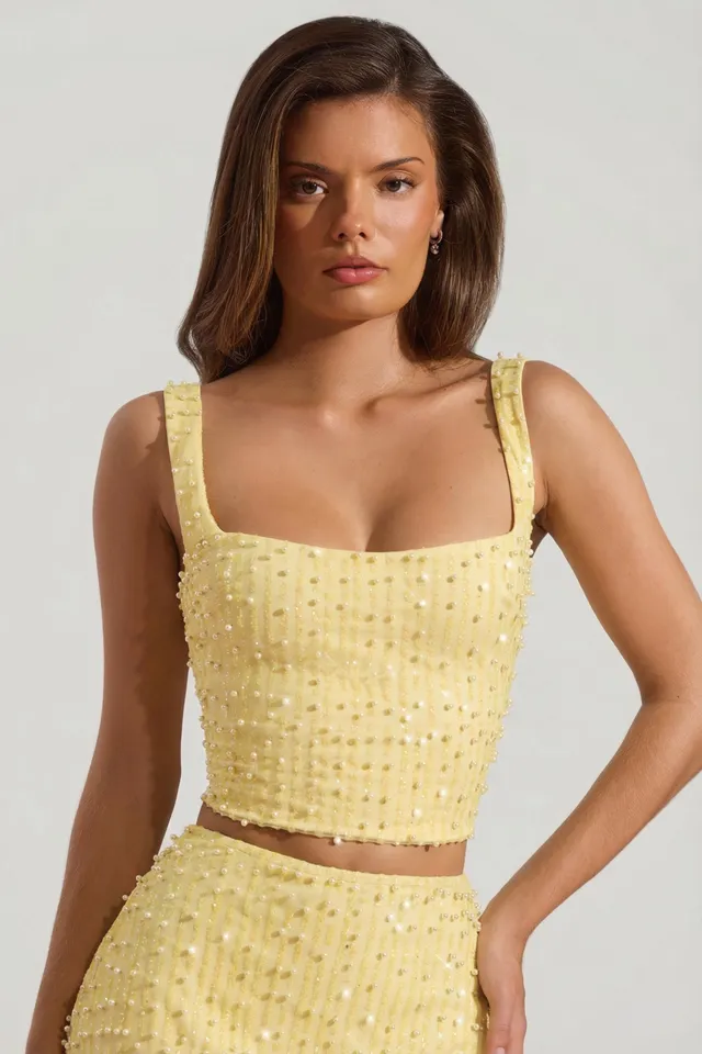 Oh Polly Lirael 14478 crop top col carré limoncello perles