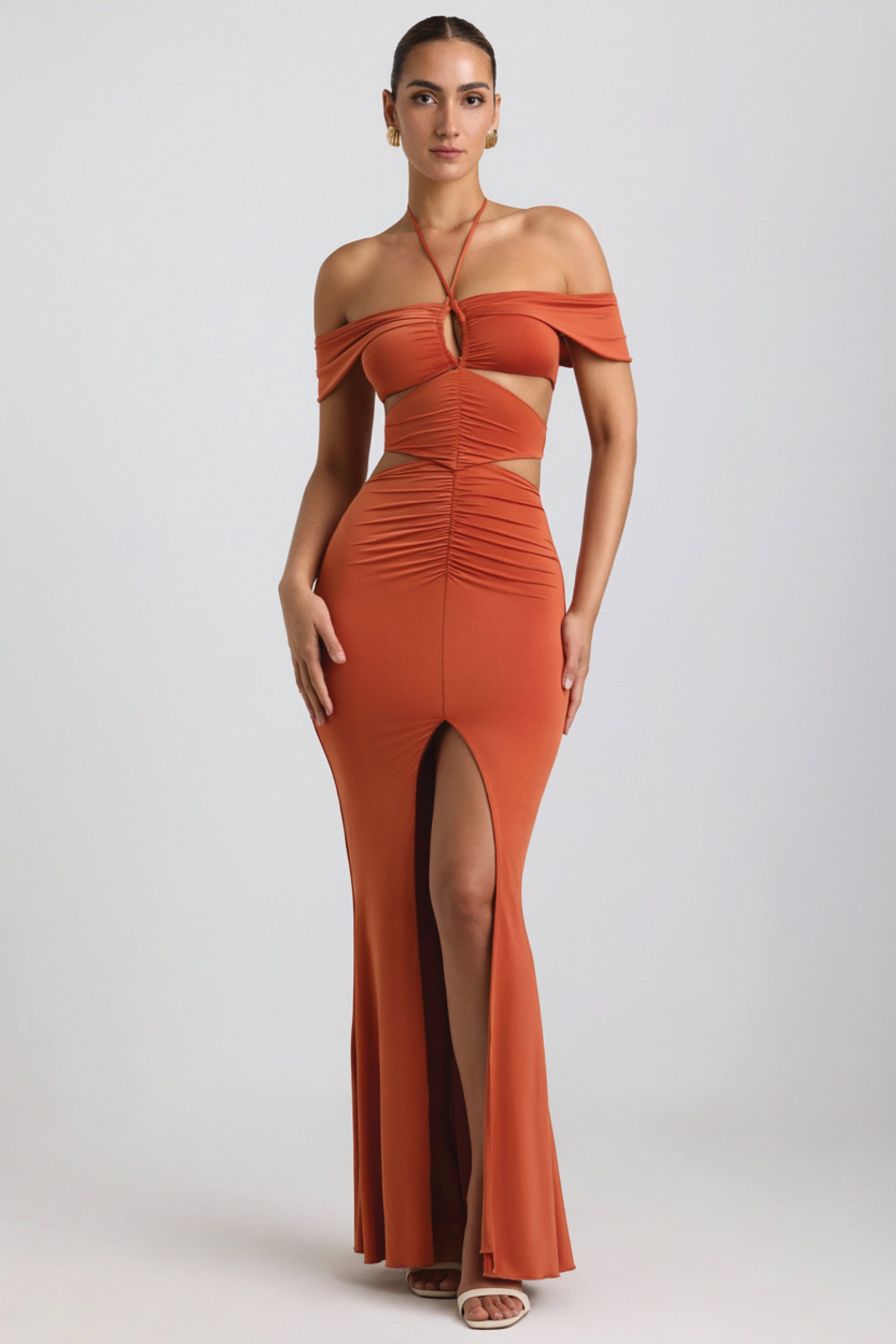 Oh Polly Karleen robe longue orange brûlé fente