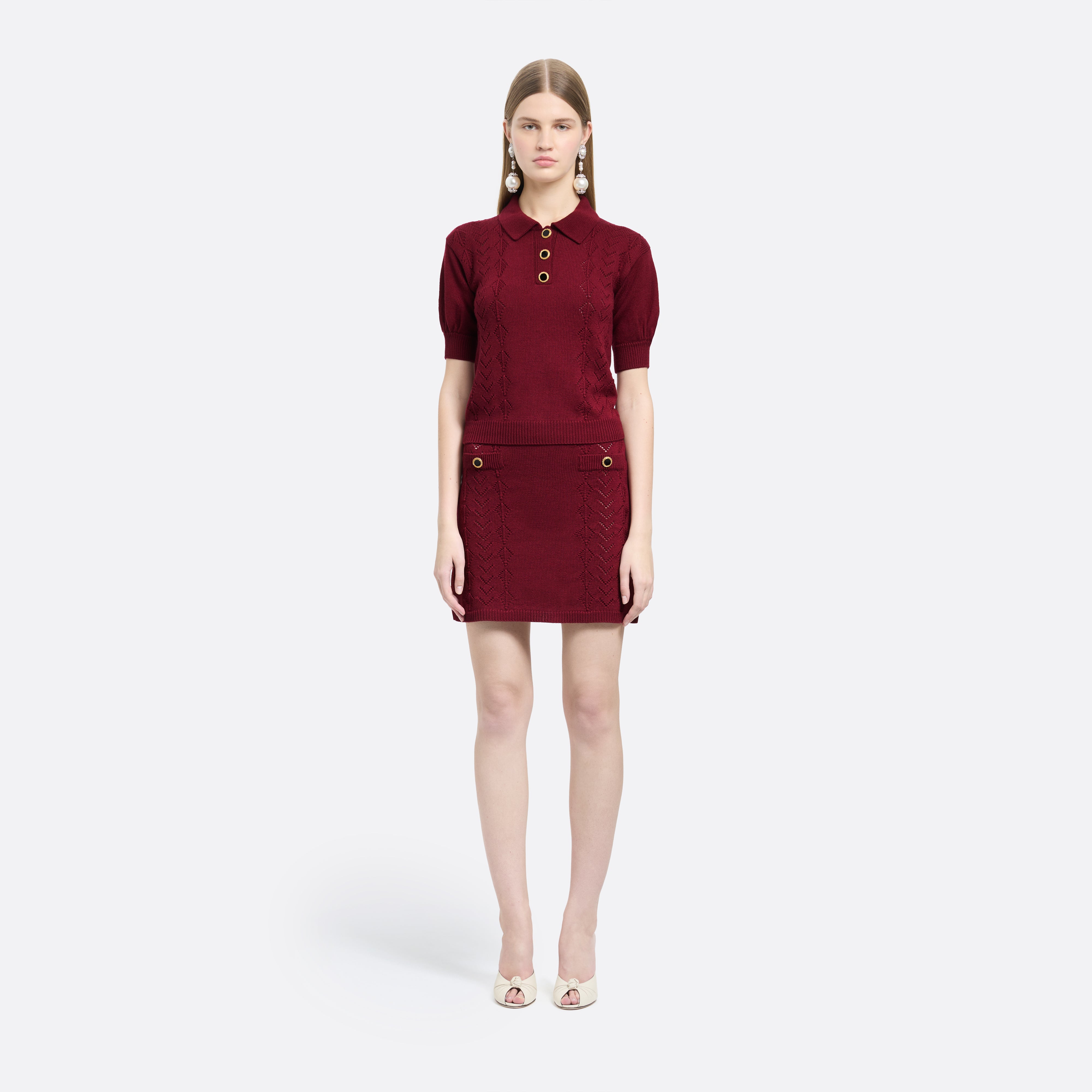 Alessandra Rich Lace-Knit Polo pull bordeaux mérinos