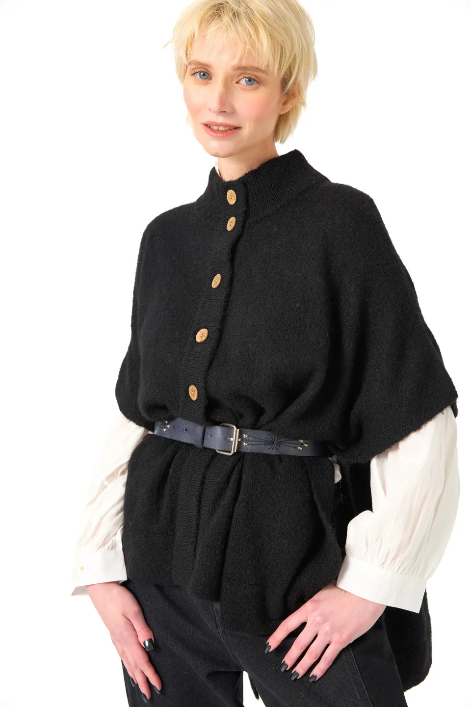 Chicosoleil Achill poncho cardigan maille noire laine S/M-M/L
