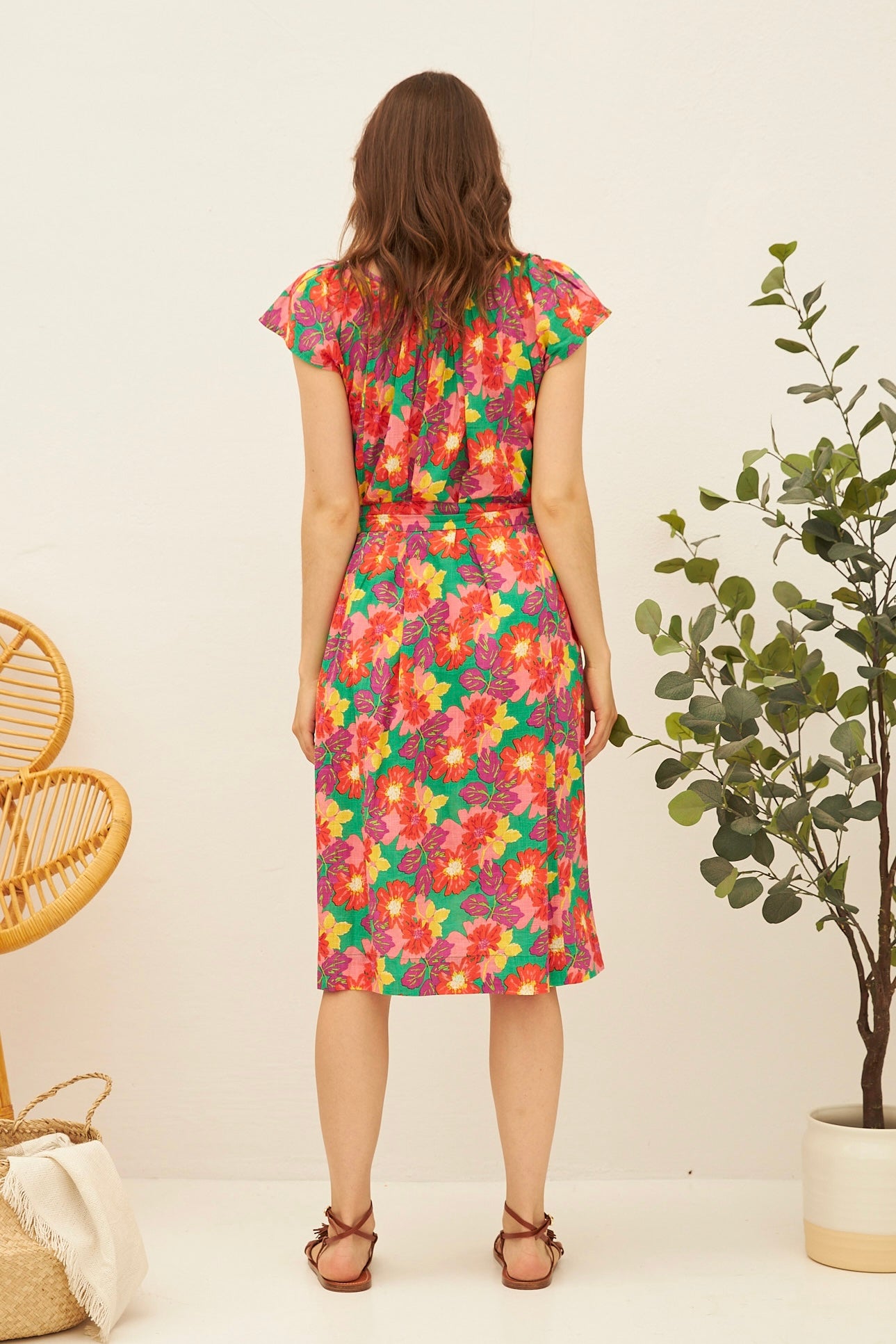 Chicosoleil Camilla robe midi verte fleurs coton