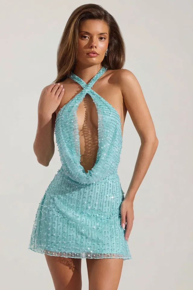 Oh Polly Sylune 14476 robe mini dos nu aquamarine perles