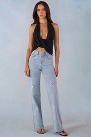 Oh Polly Mid-Rise Straight Jean Droit Denim Clair Fleurs