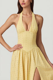 Oh Polly Farrah Robe Mi-longue Jaune Citron Dos Nu