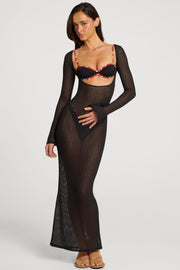 Oh Polly Talisa robe maxi noire devant ouvert manches longues