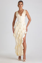 Oh Polly Ambrosia robe maxi ivoire satin corset fente