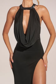 Oh Polly Dresses robe longue fendue noire strass