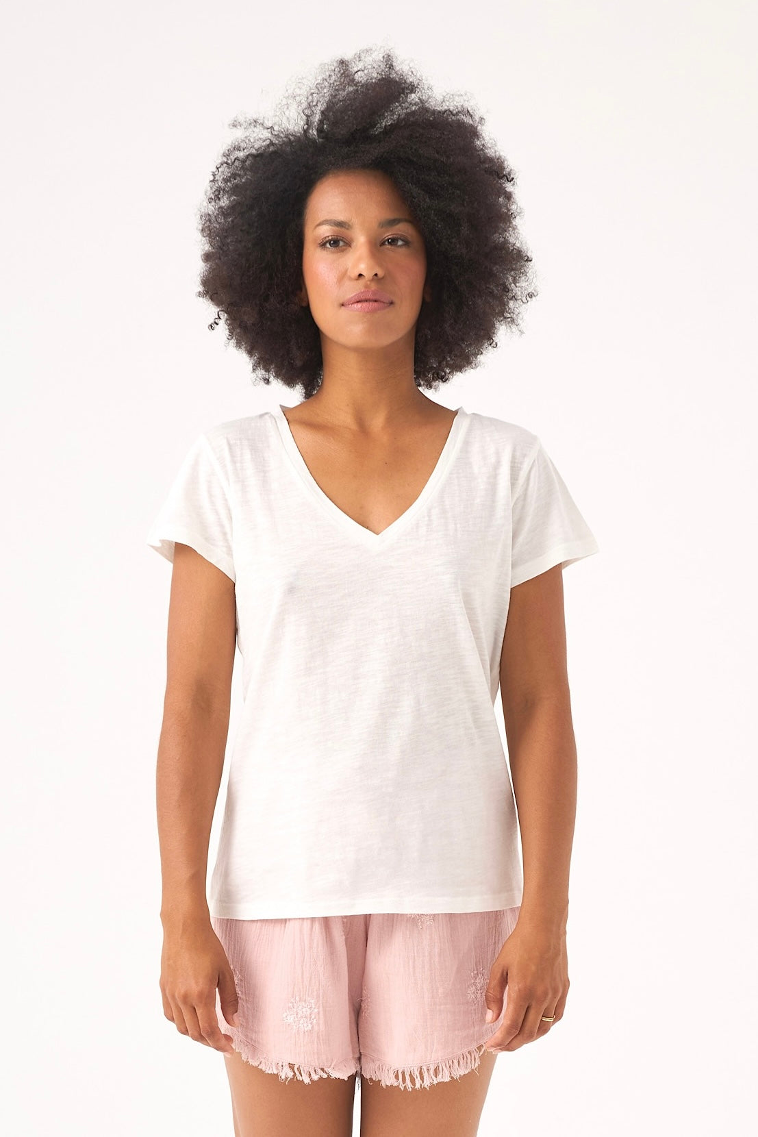 Chicosoleil Roxane tee-shirt blanc col V flanelle coton