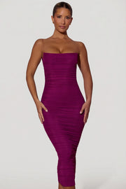 Oh Polly Dresses Alondra robe bodycon midaxi prune ruchée