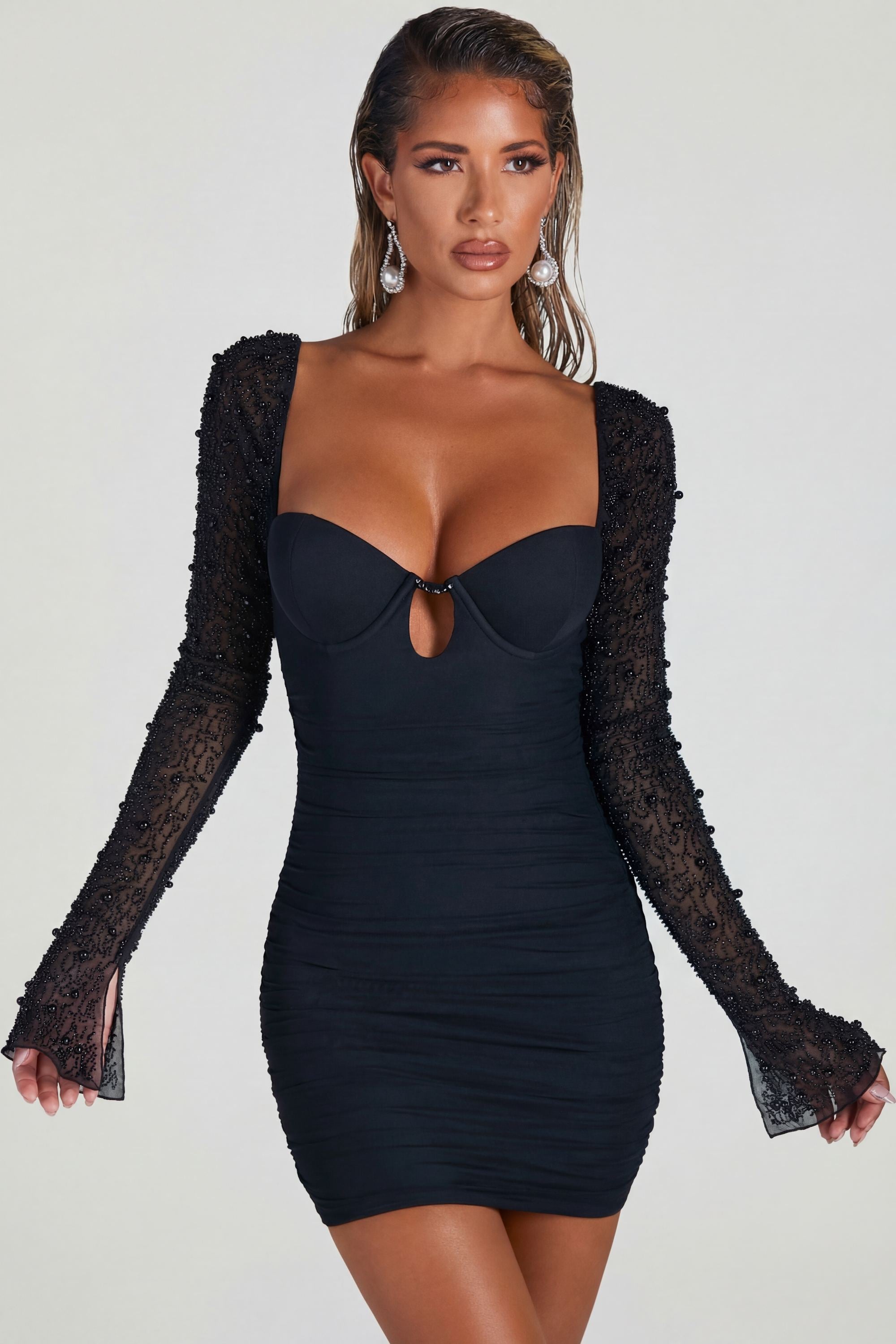 Oh Polly St. Germain mini robe perles noir 4557