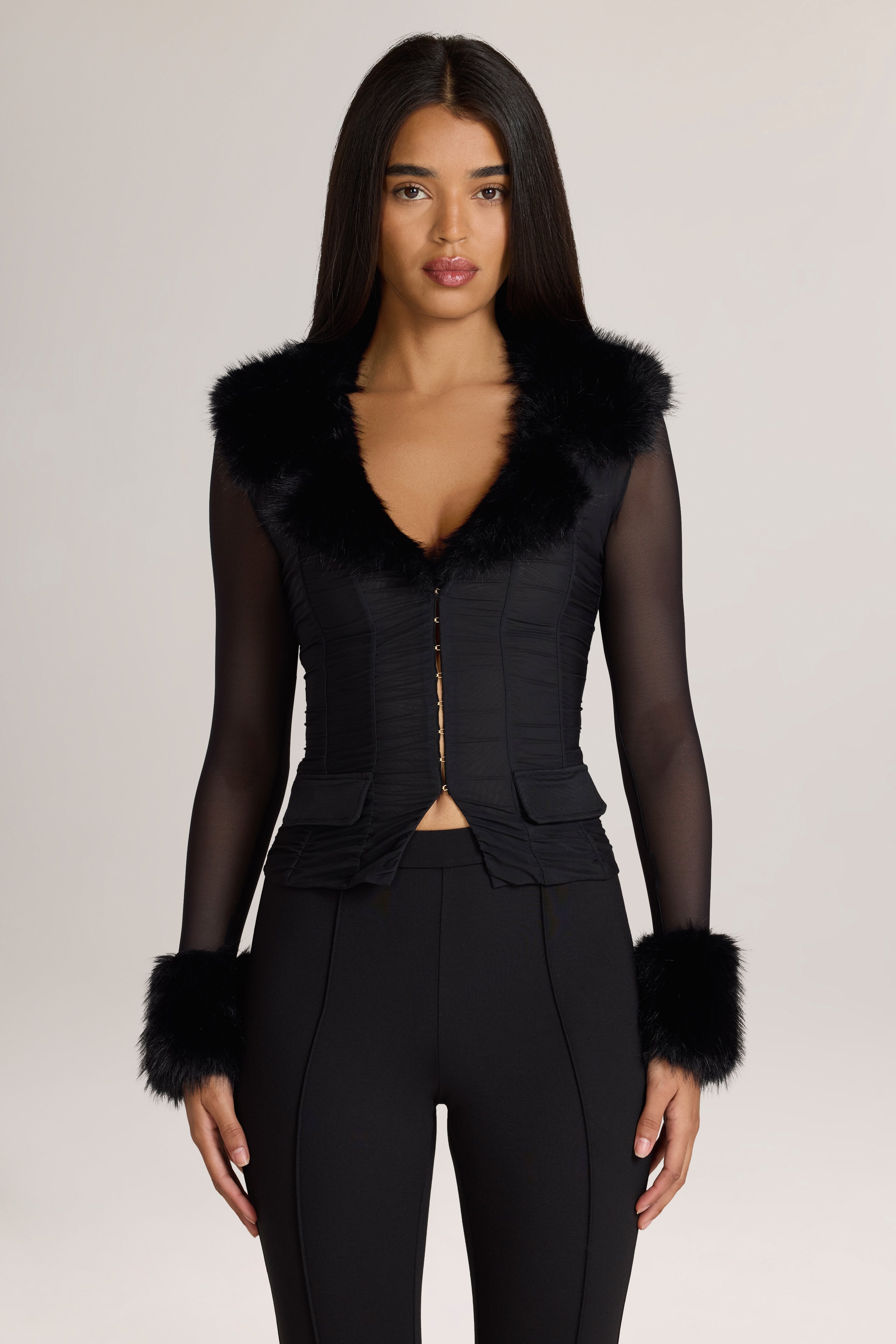 Oh Polly Norrie veste manches longues noire fausse fourrure