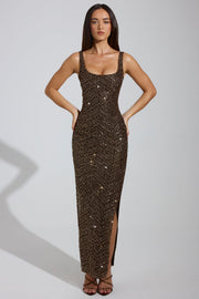 Oh Polly Yarina robe maxi marron strass fente cuisse
