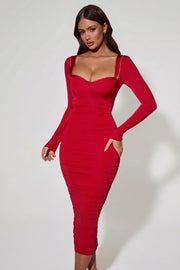 Oh Polly Dresses Deliana robe midi rouge ruchée dentelle