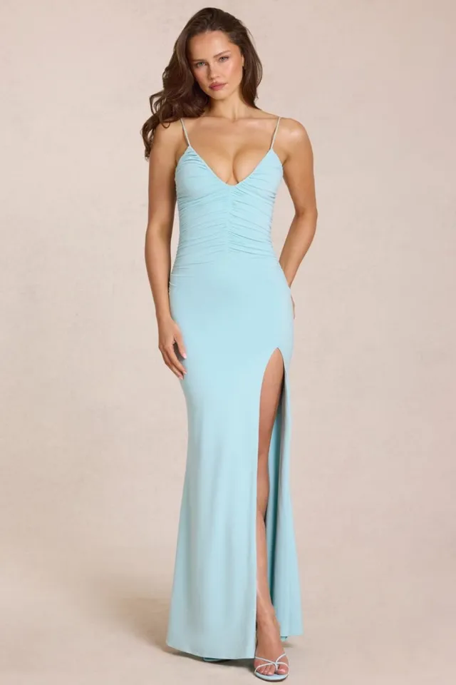 Oh Polly Elanora 15660 robe longue bleu clair fente