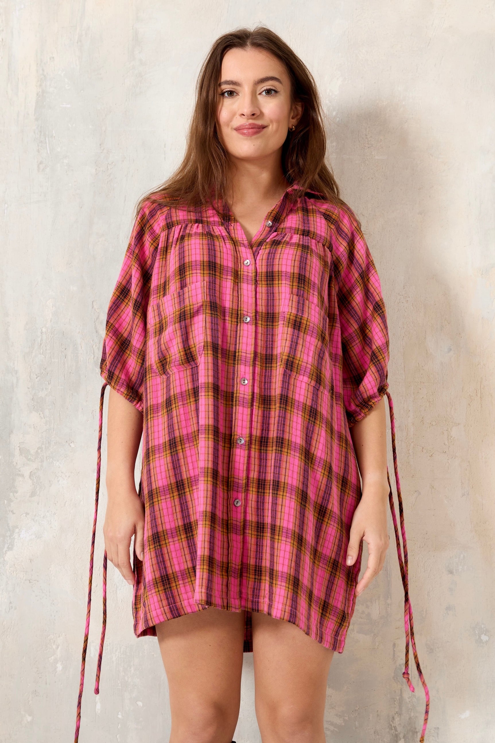 Chicosoleil Robes Mitzu robe courte pink check coton chemise