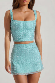 Oh Polly Lirael 14478 crop top col carré aquamarine perles