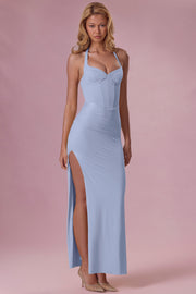 Oh Polly Dresses 15835 robe longue jersey bleu corset fente