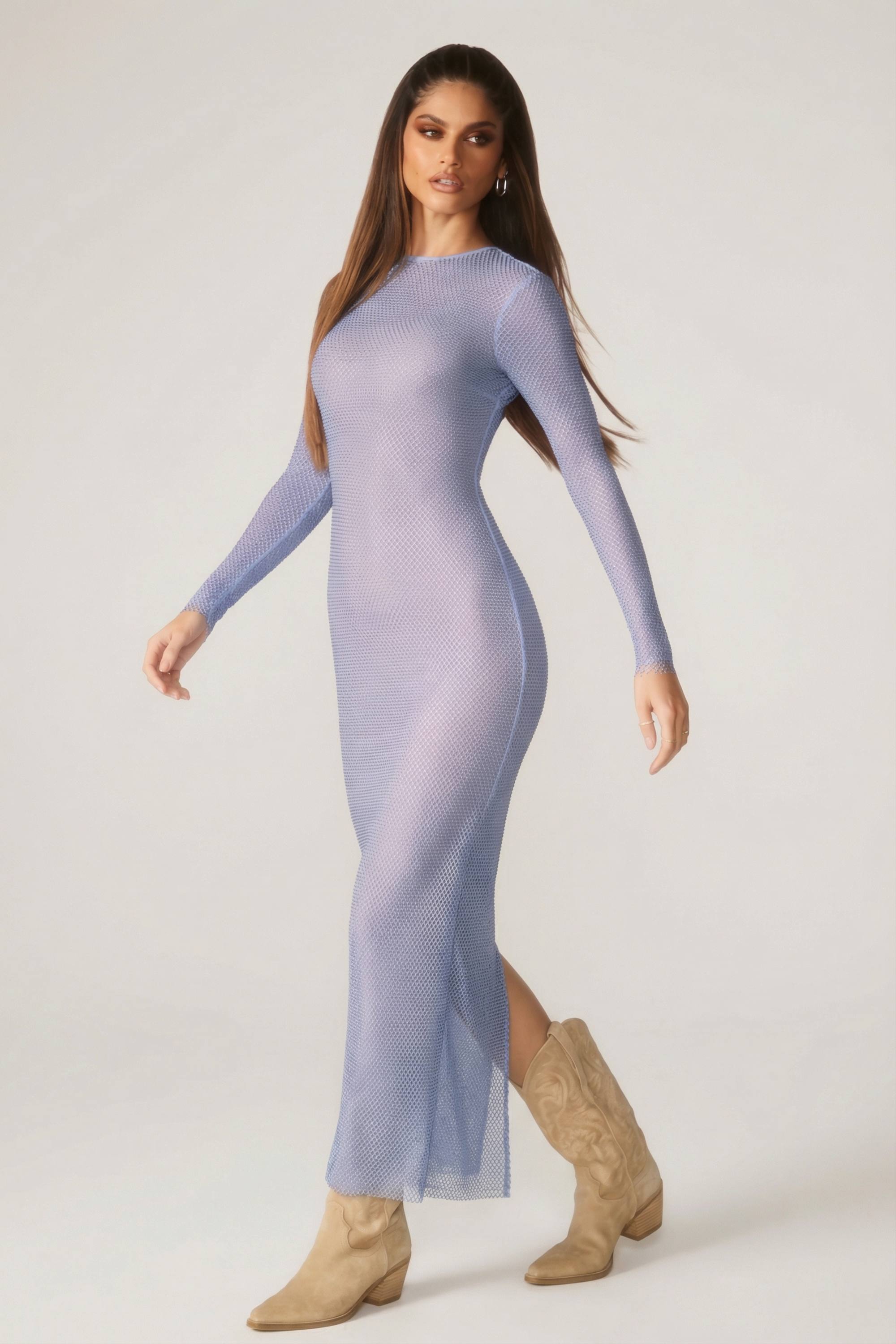 Oh Polly Embellished Yasmin Robe Longue Bleue Strass