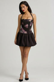 Oh Polly Nanala robe mini halter noir floral bubble lacée