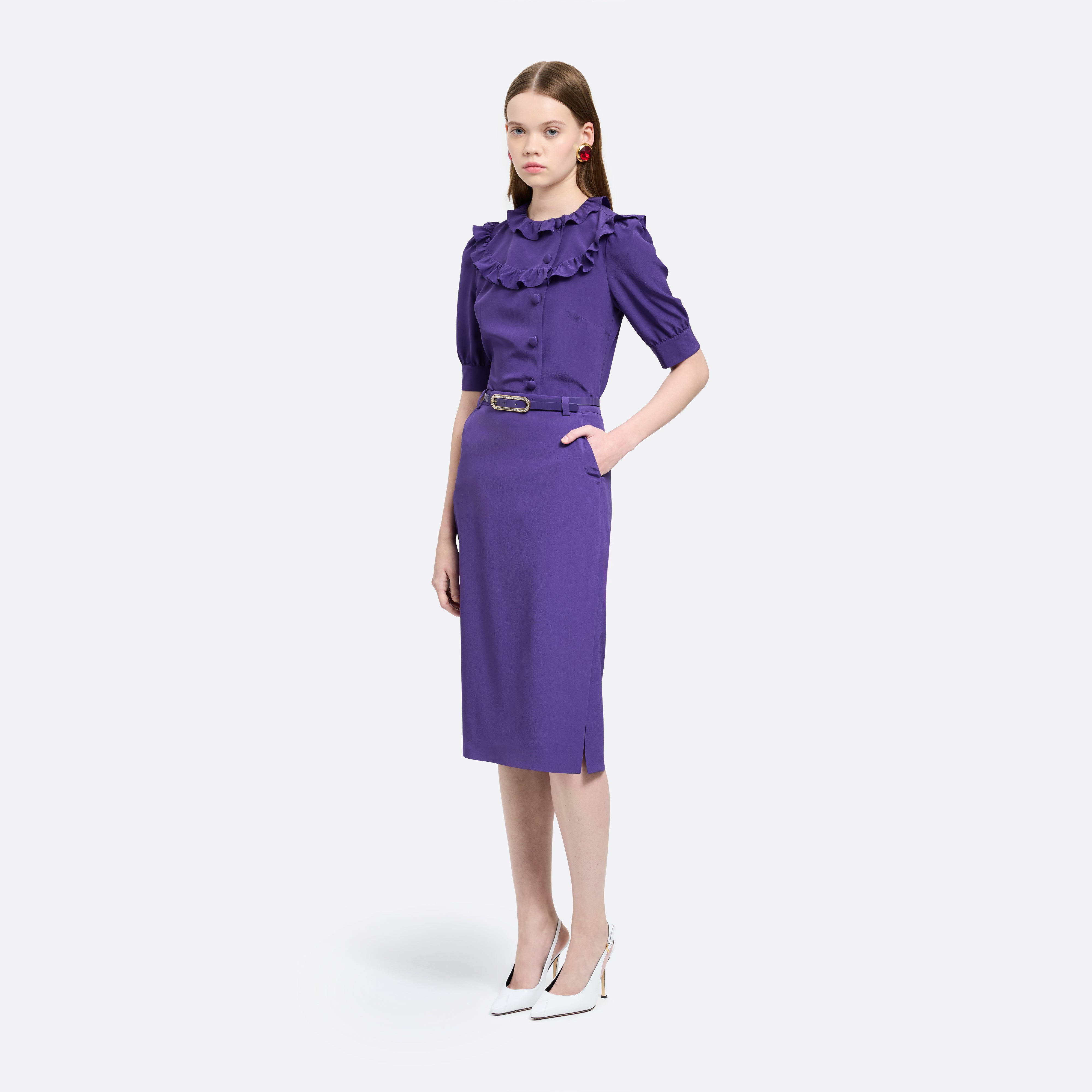 Alessandra Rich Silk Blouse with Ruffles chemisier violet soie