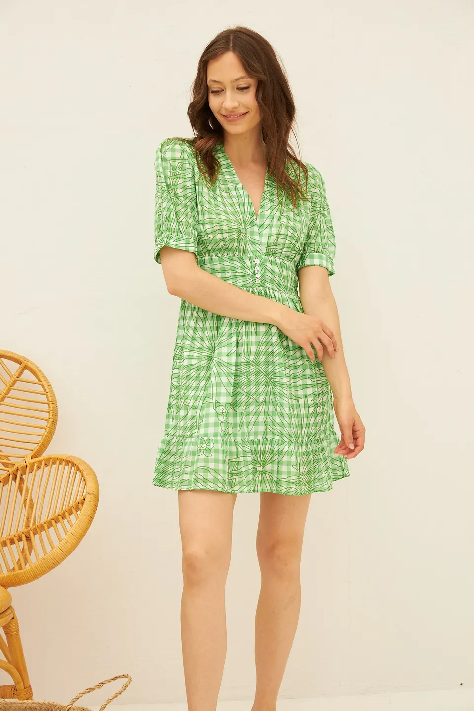Chicosoleil Alexia robe courte vichy bohème vert coton