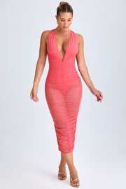 Oh Polly Safira Robe Midaxi Plongeante Corail Ruchée Mesh
