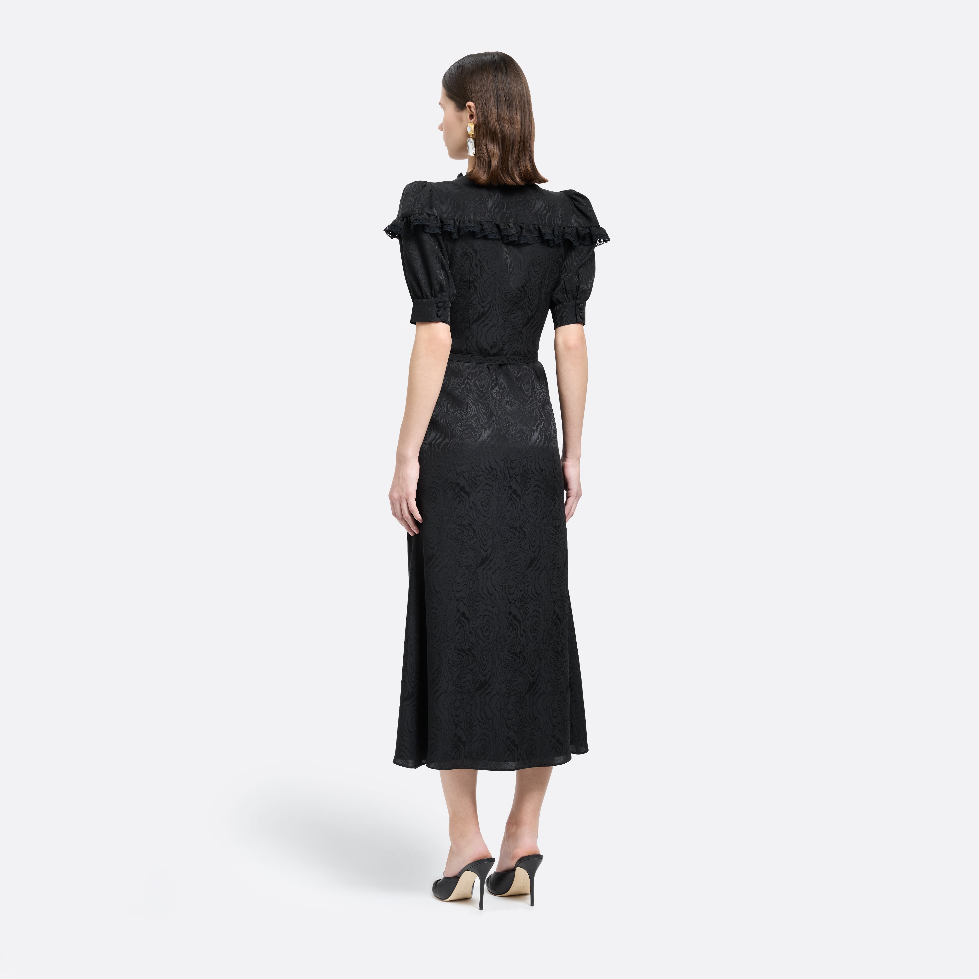 Alessandra Rich Silk Jacquard Midi V-Neckline robe midi noire soie