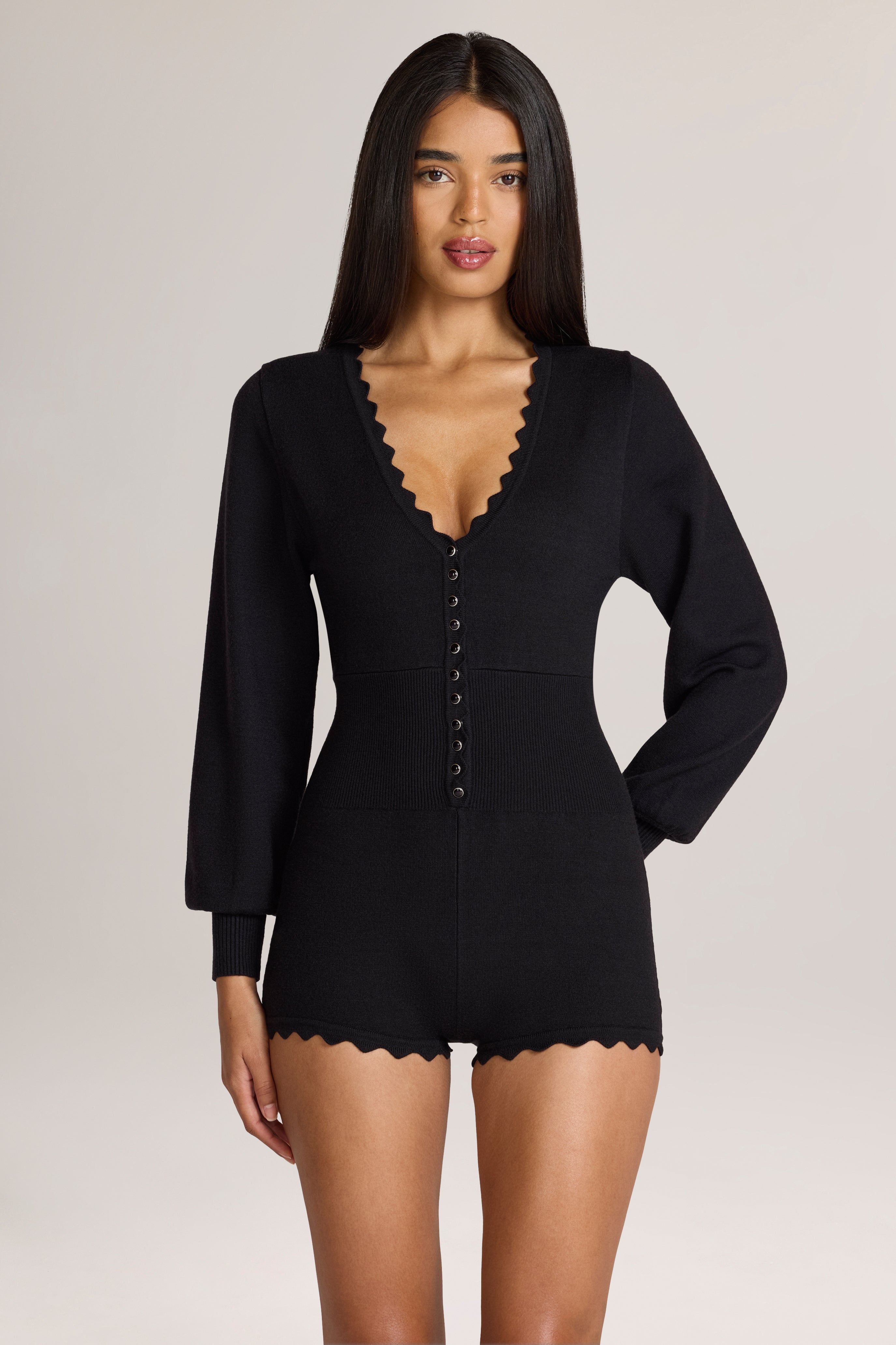Oh Polly Myla combishort maille noire manches longues