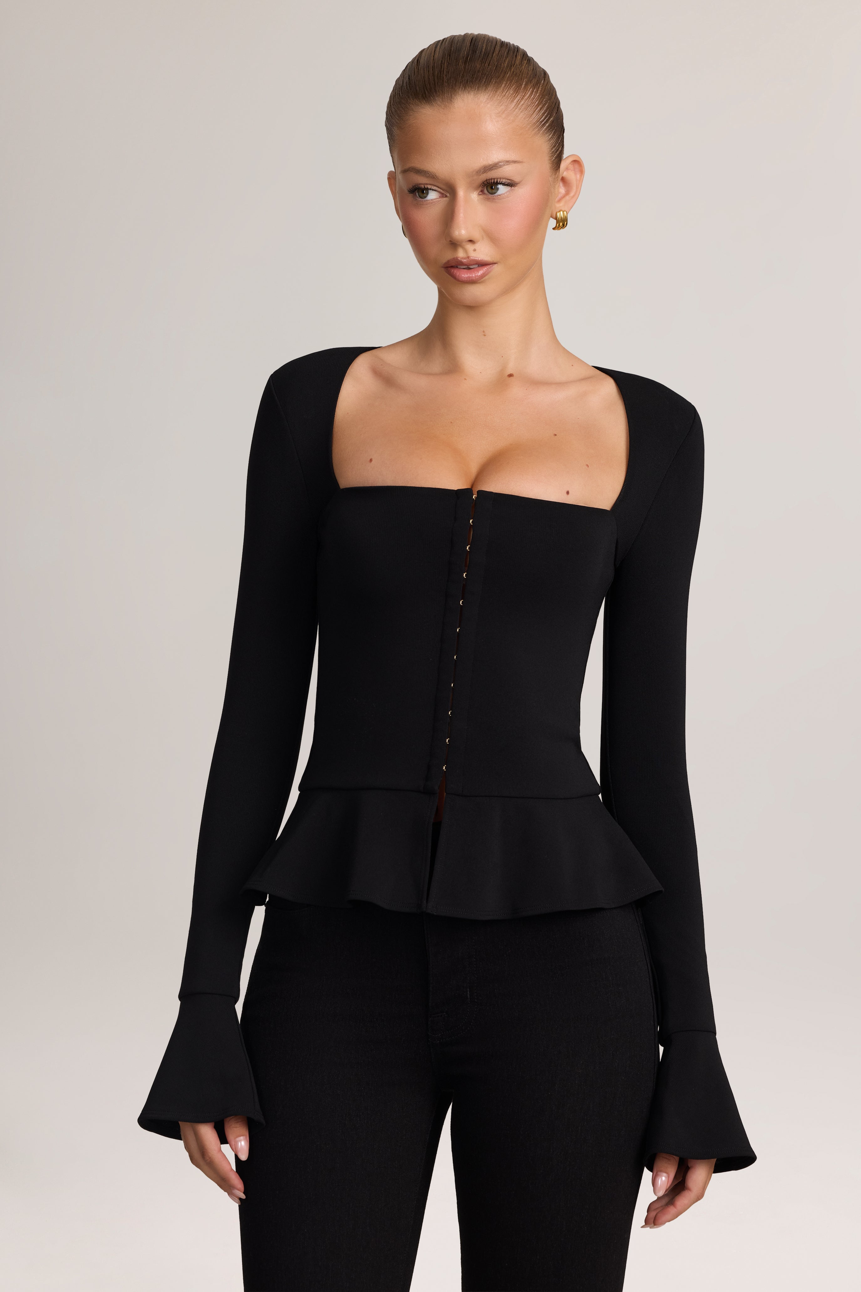 Oh Polly Hekla Cardigan Péplum Noir Manches Longues