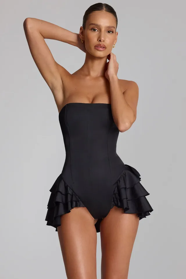 Oh Polly 14721 combishort corset satin noir volants laçage dos
