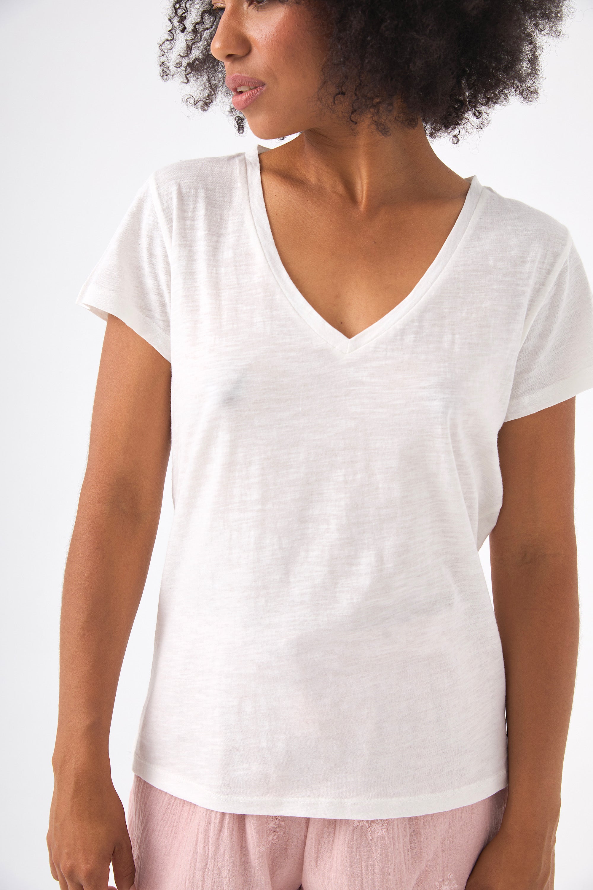 Chicosoleil Roxane tee-shirt blanc col V flanelle coton