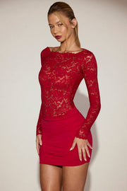 Oh Polly Eirlys robe mini dentelle rouge col bateau
