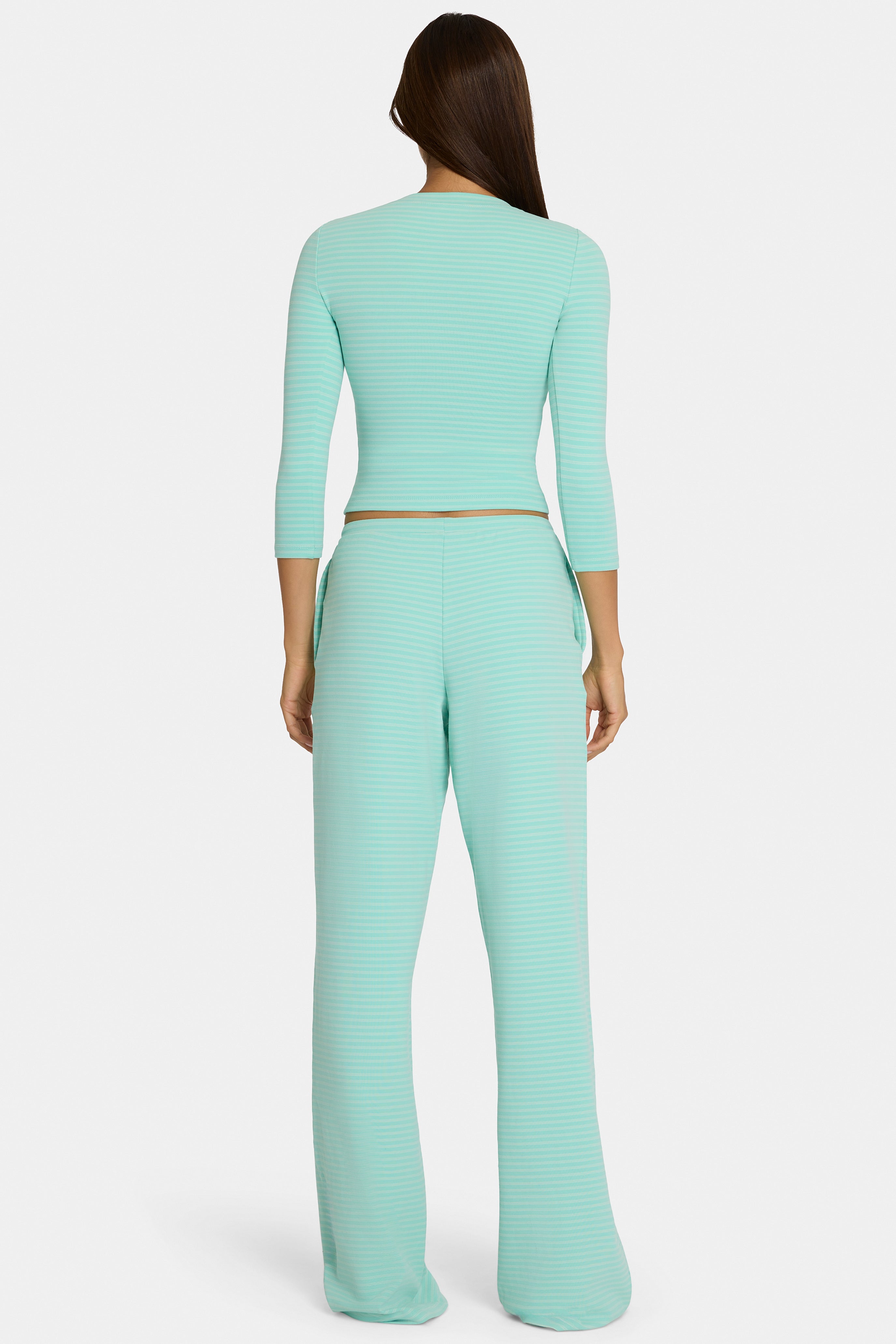 Oh Polly Bo+Tee pantalon large aqua stripe taille basse