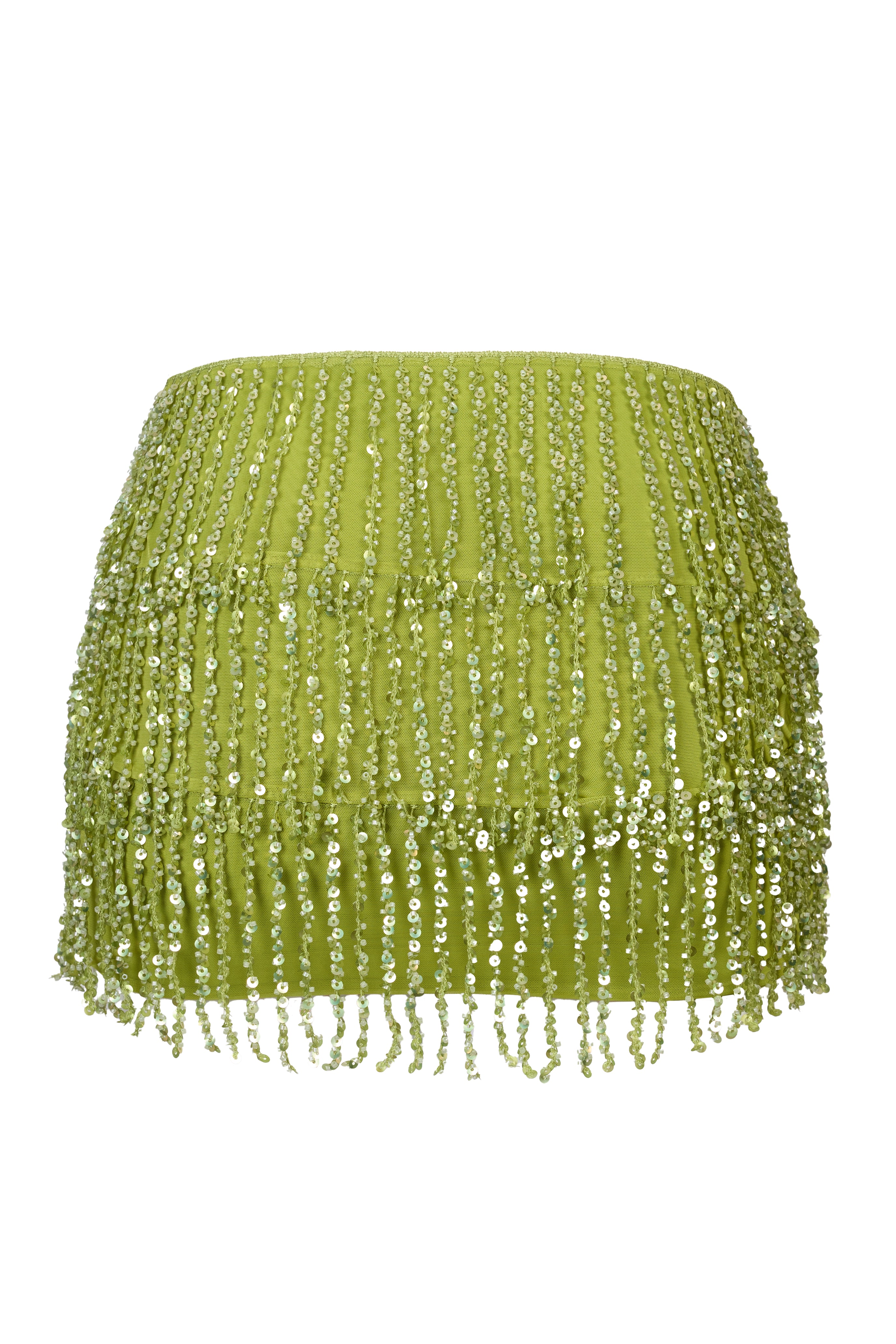 Oh Polly Nessa mini jupe franges Olive sequins taille basse
