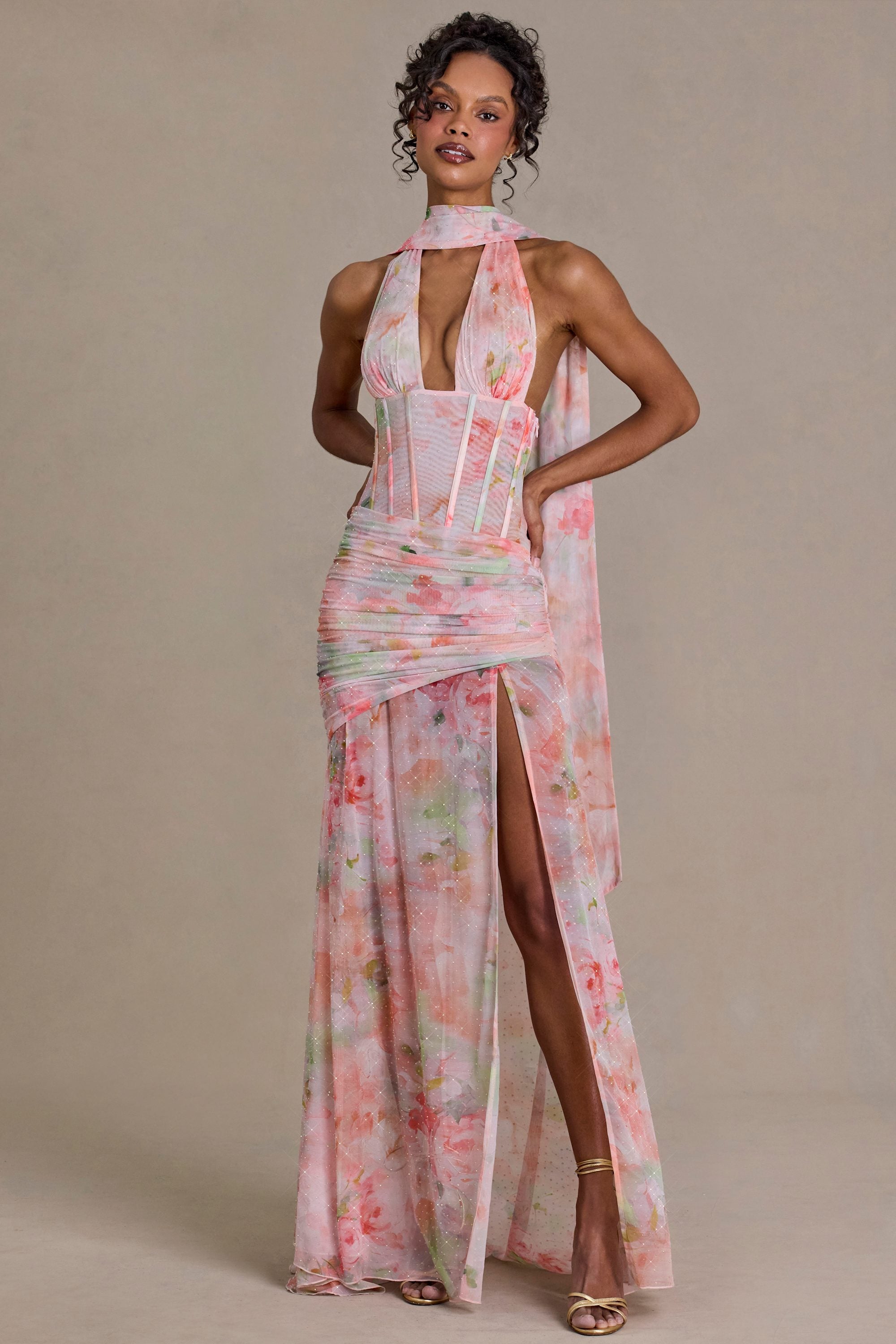 Oh Polly 15739 robe maxi rose fleurie strass foulard