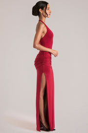 Oh Polly Deep Plunge Halterneck robe longue rouge cerise découpe