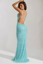 Oh Polly Nivalis Robe Maxi Dos Nu Bleu Aqua Perles