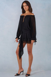 Oh Polly Alessia Mini Robe Noire Épaules Dénudées Volants