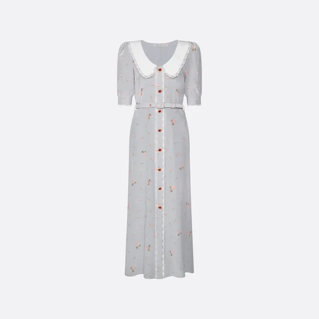 Alessandra Rich Floral Silk Midi robe soie gris rose taille 40