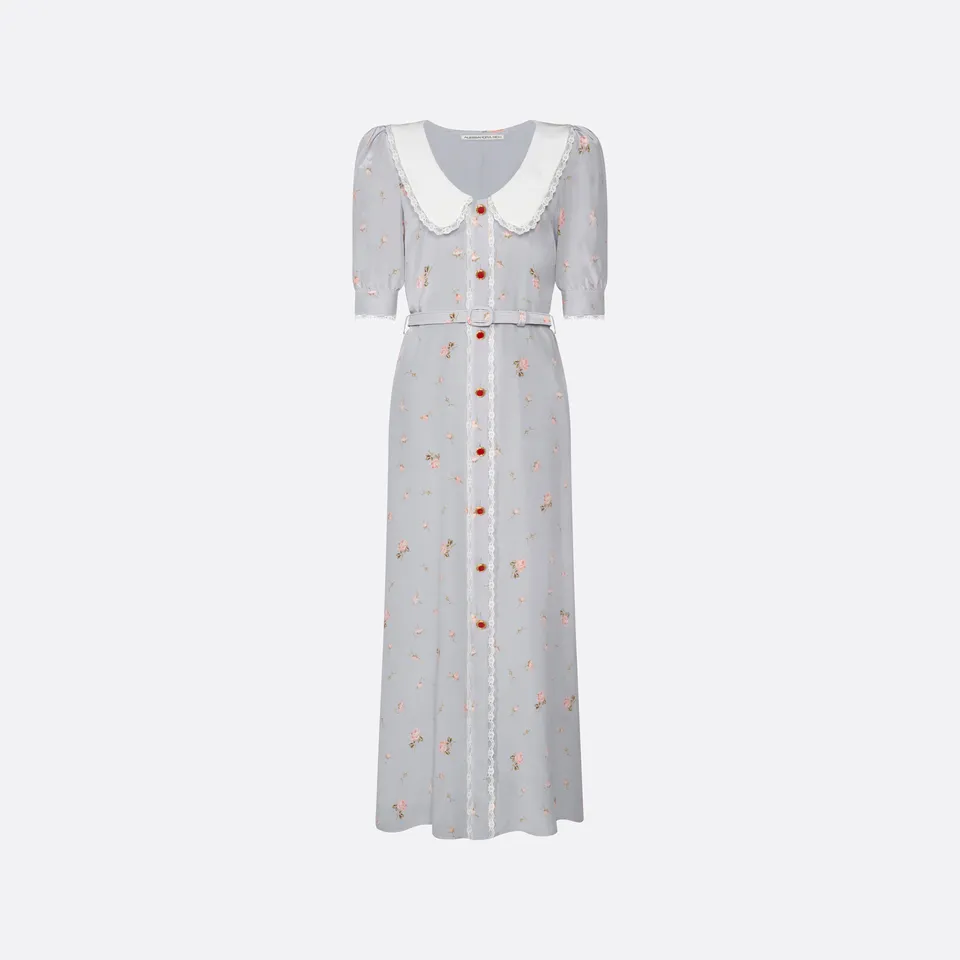 Alessandra Rich Floral Silk Midi robe soie gris rose taille 40