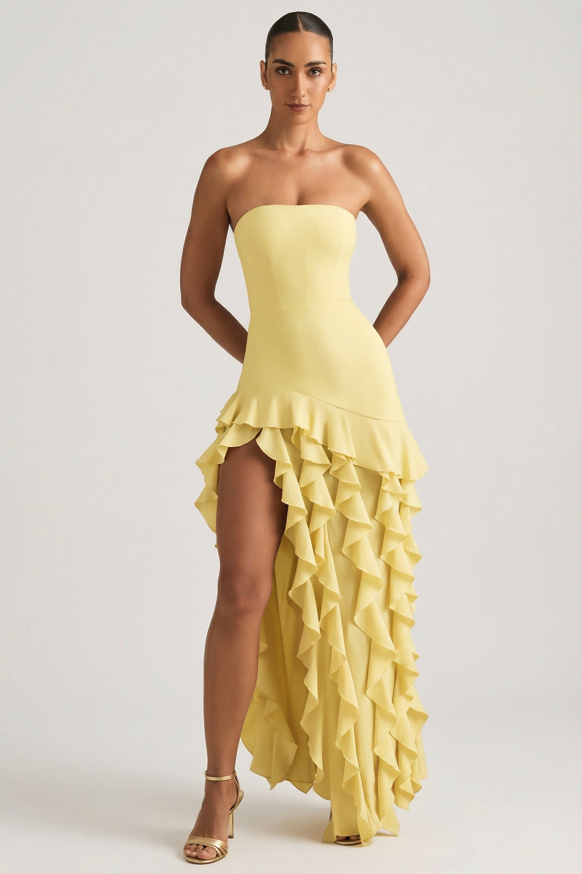 Oh Polly Diletta 8380 robe longue bustier jaune volants
