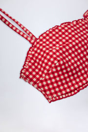 Oh Polly Portbou haut bikini bandeau vichy rouge à volants