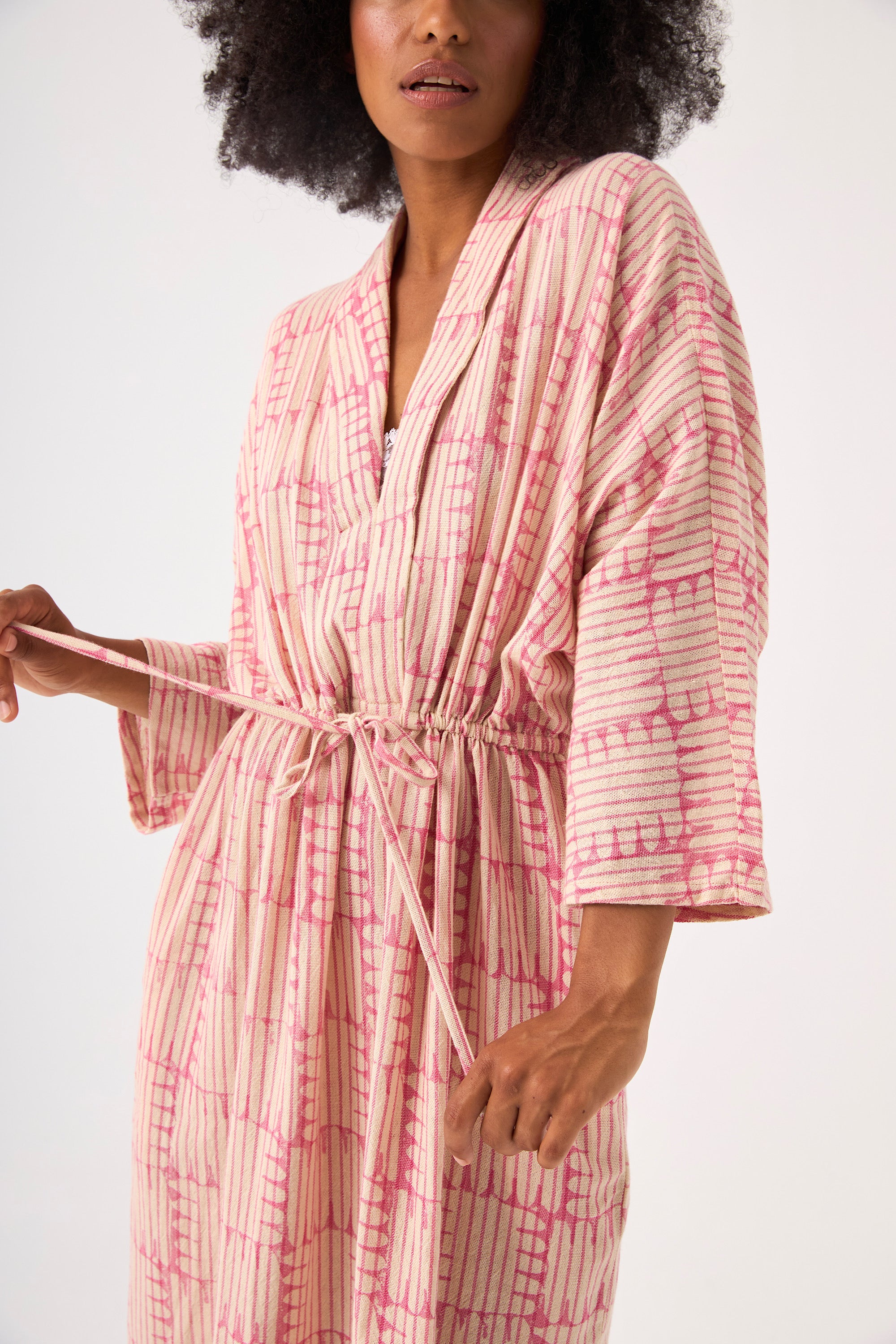 Chicosoleil Winona robe longue rose col châle coton