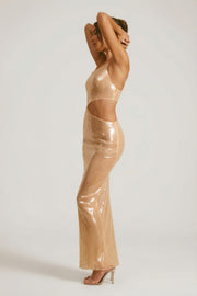 Oh Polly Isabel 7124 Robe Maxi Camel Paillettes Une Épaule