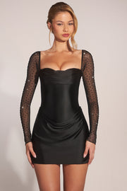 Oh Polly Embellished Draped Mini Robe noire satin manches longues