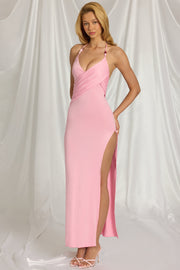 Oh Polly Indi robe maxi rose dos ouvert fendue